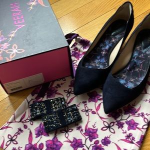 Veerah Maya Kitten Heel, size 8.5, deepsea blue/navy vegan suede, eco-friendly